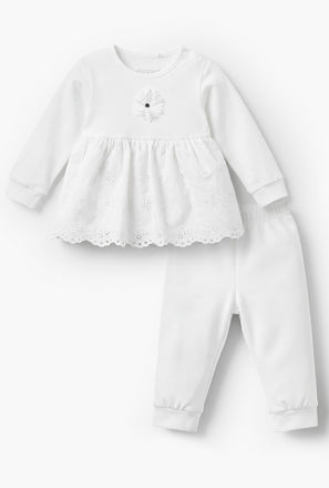 Giggles Cotton Round Neck Long Sleeves Pyjama Set with Embroidered Design