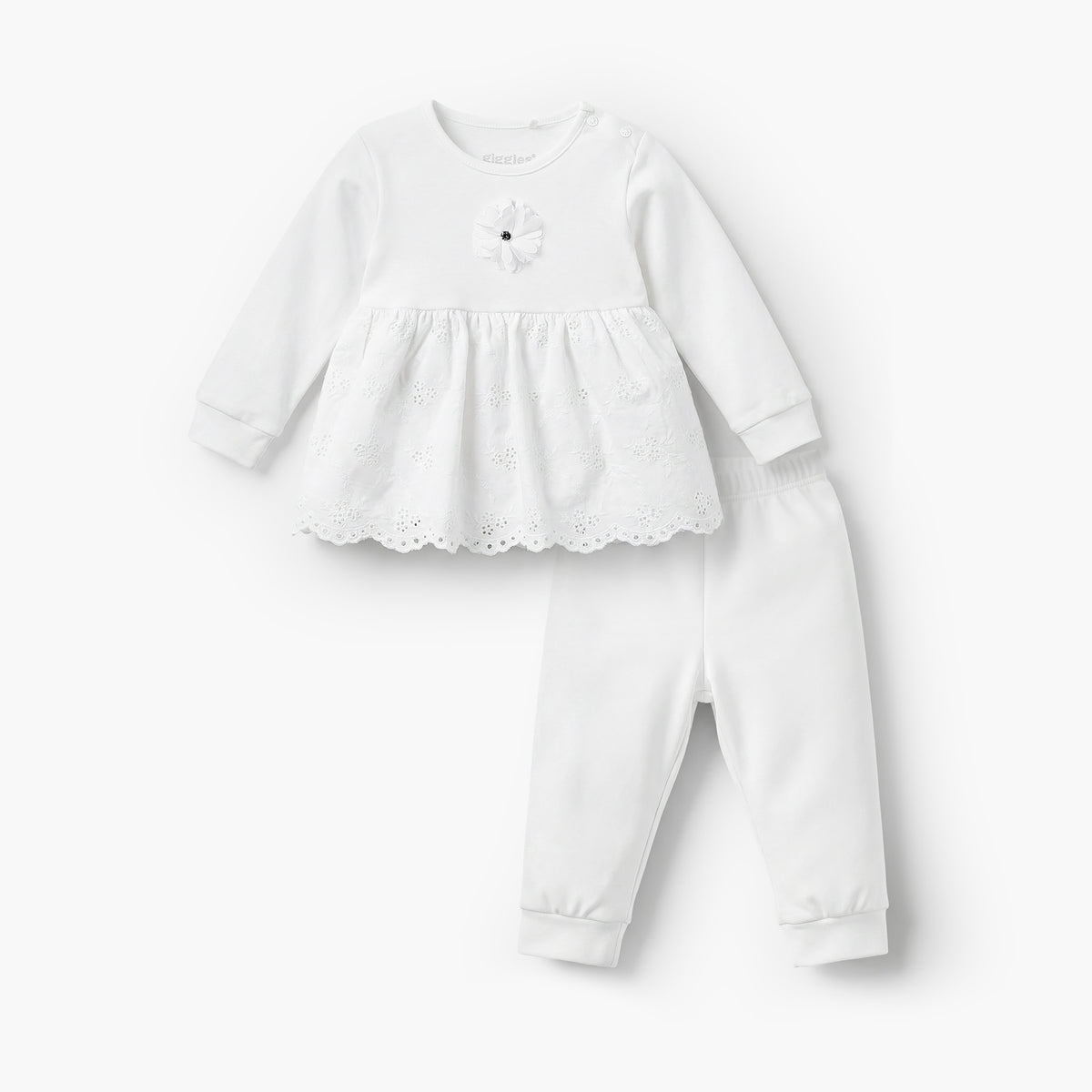 Giggles Cotton Round Neck Long Sleeves Pyjama Set with Embroidered Design