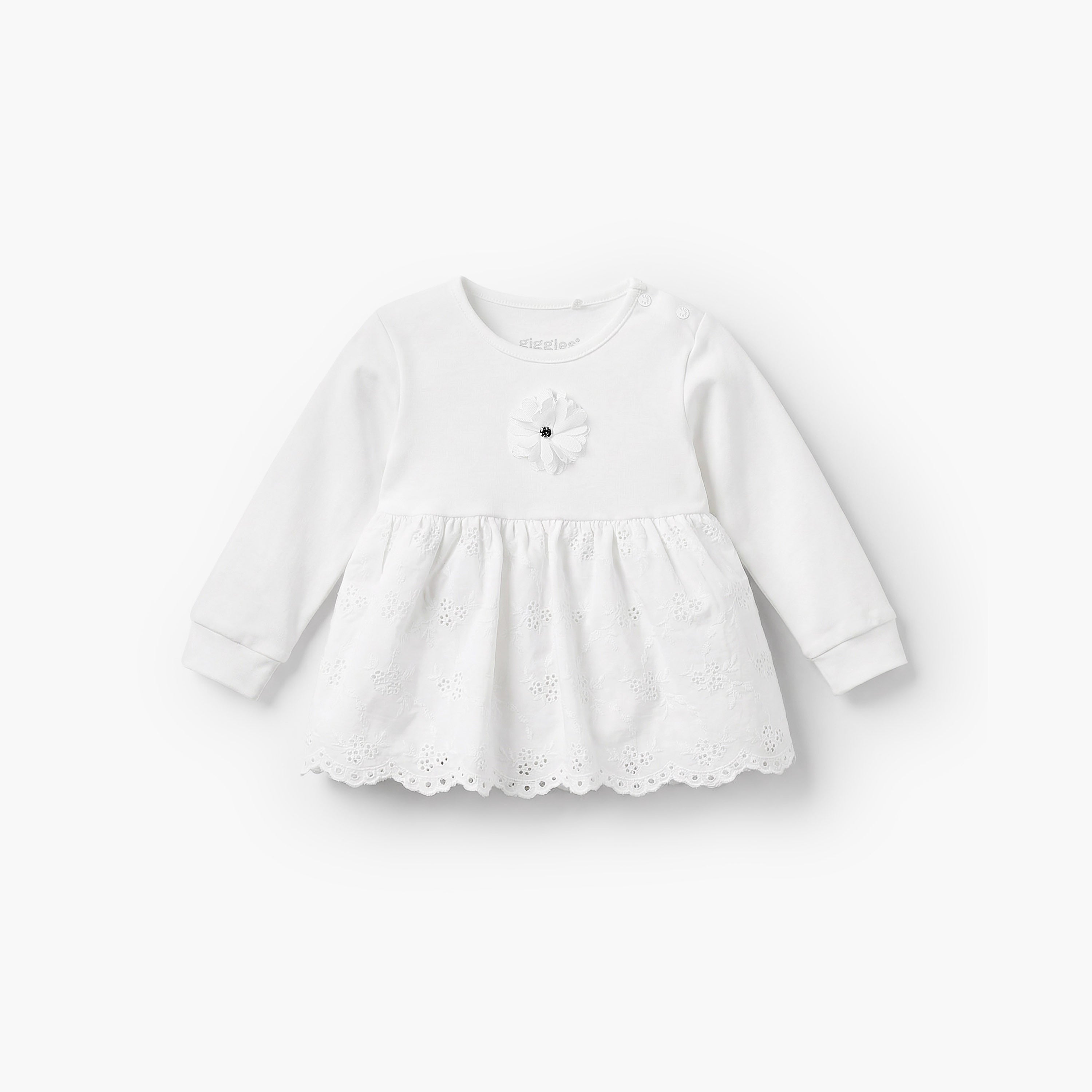 Giggles Cotton Round Neck Long Sleeves Pyjama Set with Embroidered Design