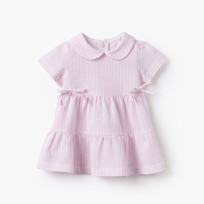 Juniors Peter Pan Collar Short Sleeves A-line Dress with Stripes - Pink / 12-18 mths