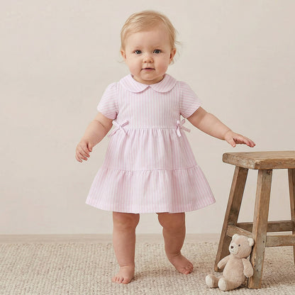 Juniors Peter Pan Collar Short Sleeves A-line Dress with Stripes - Pink / 12-18 mths