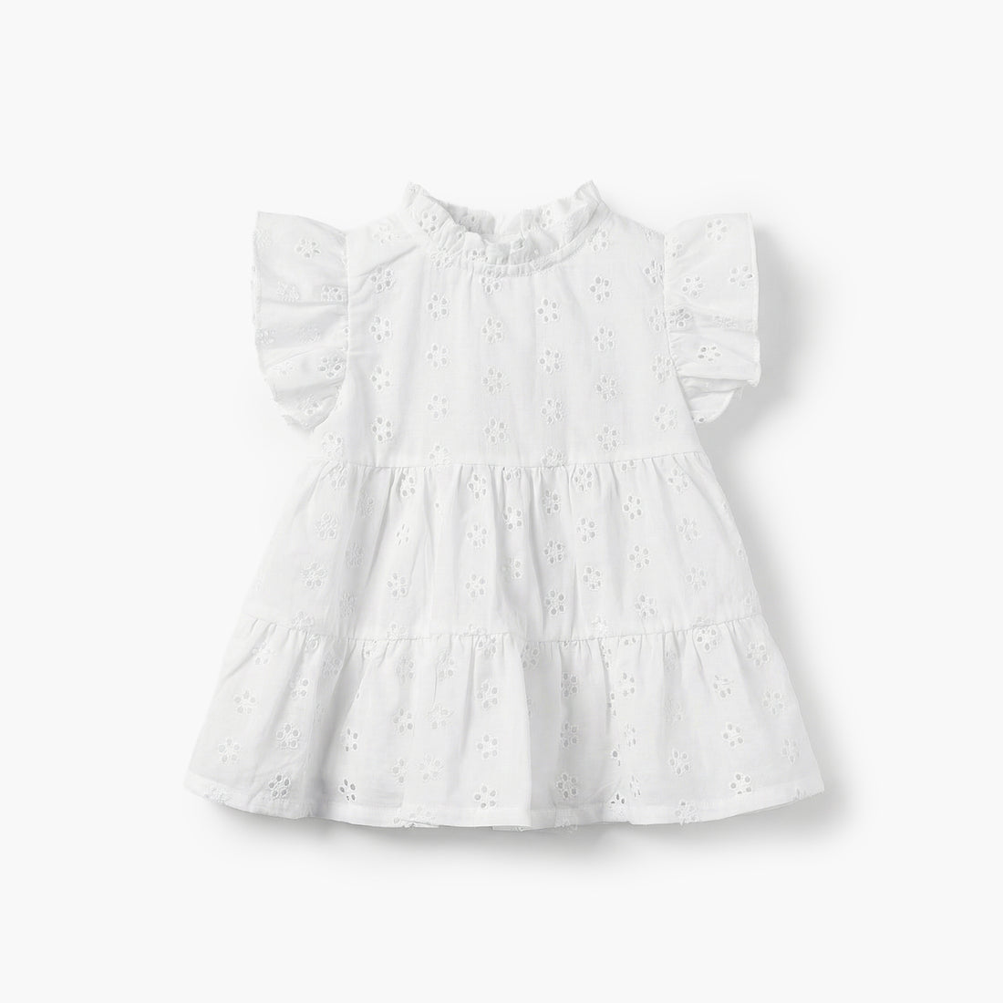 Juniors Ruffle Neck Short Sleeves A-line Dress with Schiffli Embroidery - White / 12-18 mths