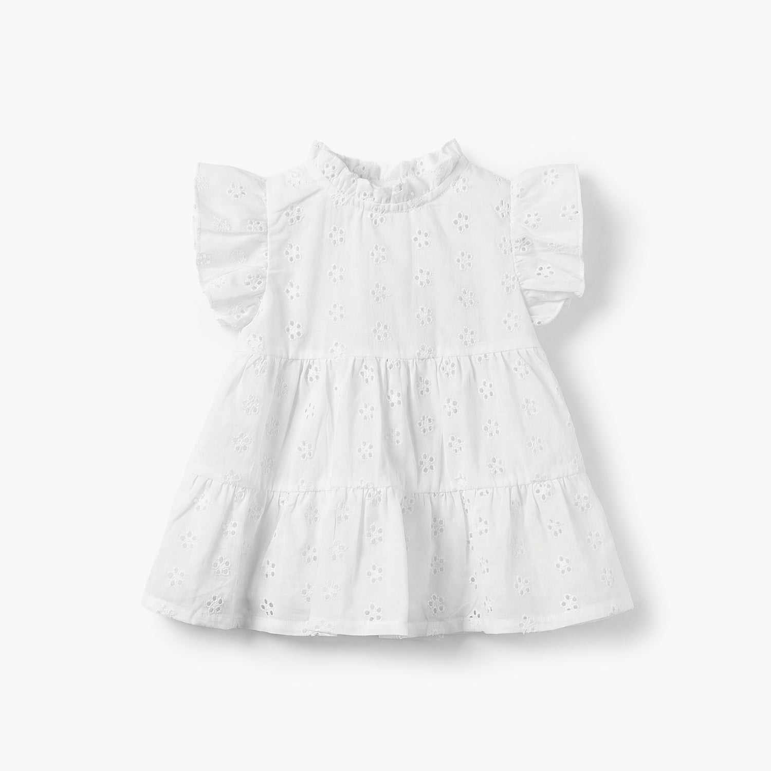 Juniors Ruffle Neck Short Sleeves A-line Dress with Schiffli Embroidery - White / 12-18 mths