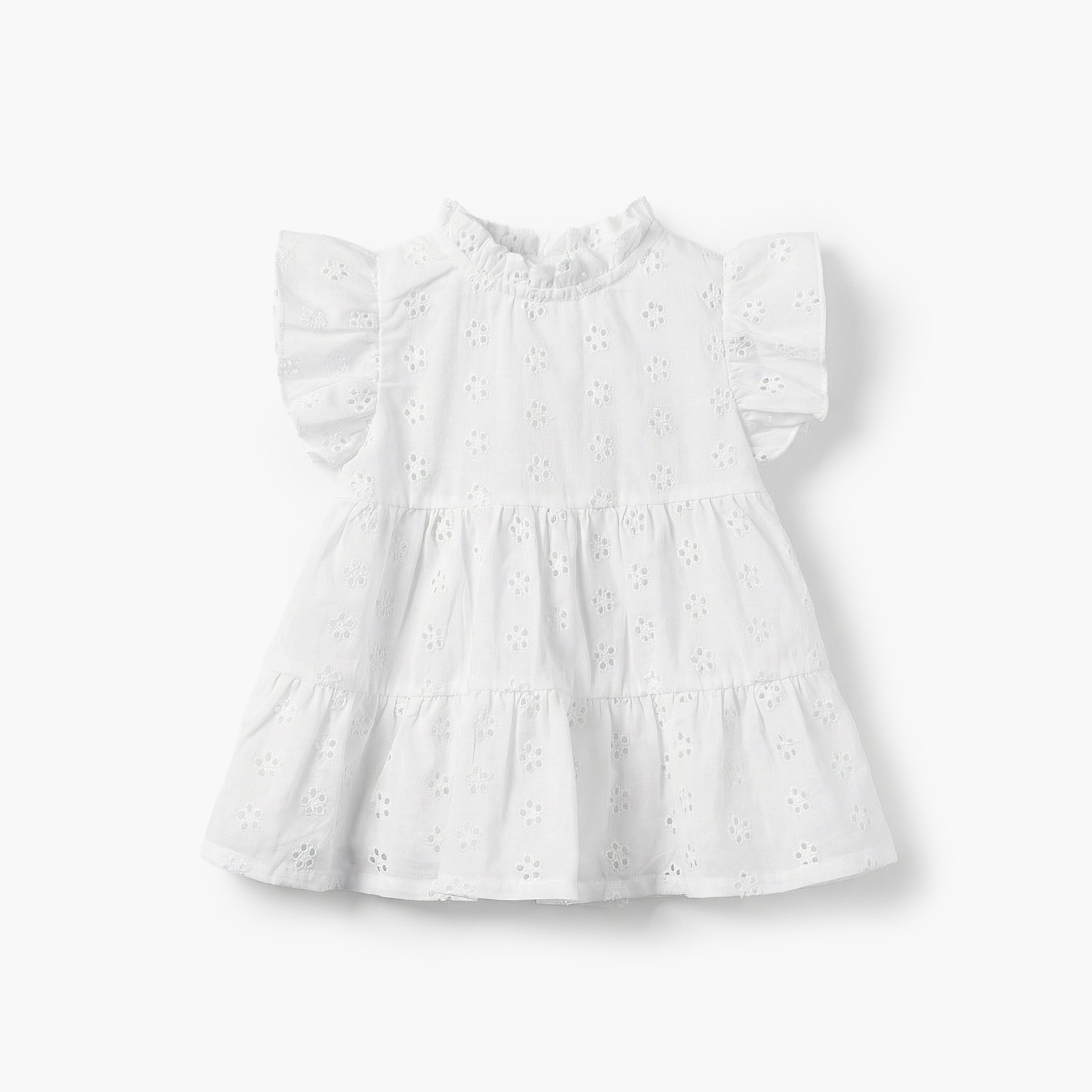 Juniors Ruffle Neck Short Sleeves A-line Dress with Schiffli Embroidery - White / 12-18 mths