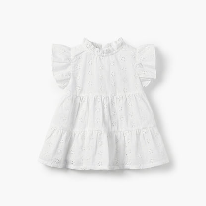 Juniors Ruffle Neck Short Sleeves A-line Dress with Schiffli Embroidery