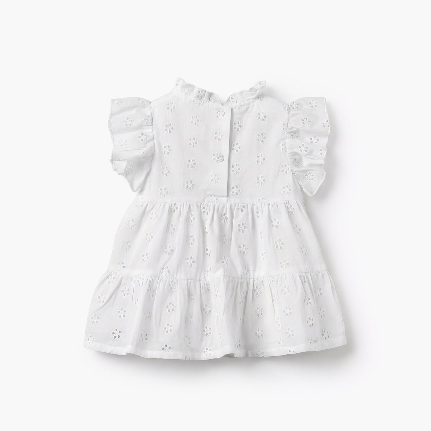 Juniors Ruffle Neck Short Sleeves A-line Dress with Schiffli Embroidery