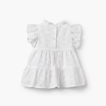 Juniors Ruffle Neck Short Sleeves A-line Dress with Schiffli Embroidery