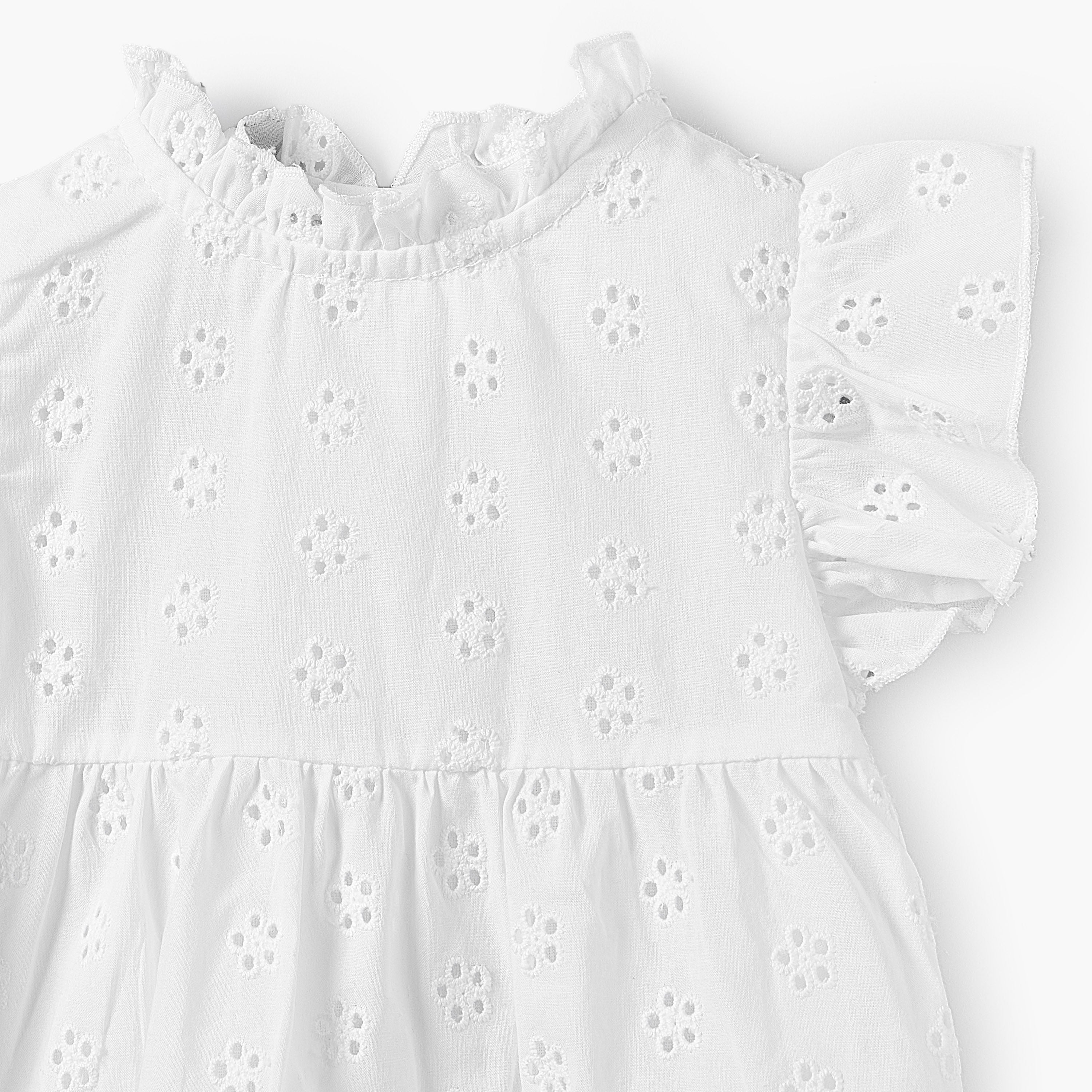 Juniors Ruffle Neck Short Sleeves A-line Dress with Schiffli Embroidery