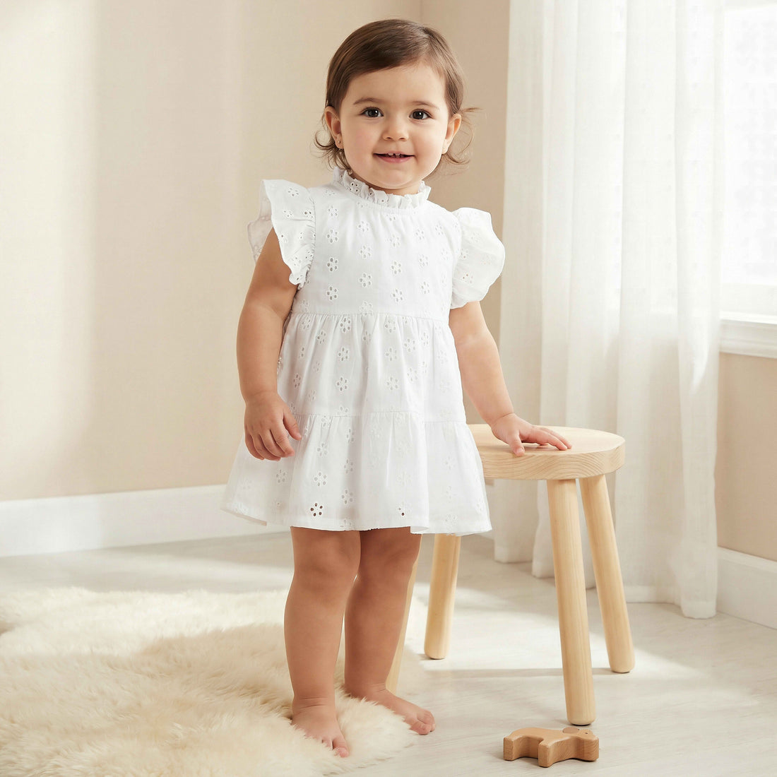 Juniors Ruffle Neck Short Sleeves A-line Dress with Schiffli Embroidery - White / 12-18 mths