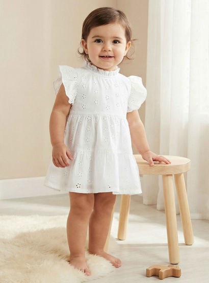 Juniors Ruffle Neck Short Sleeves A-line Dress with Schiffli Embroidery-baby-girls-clothing-dressesandjumpsuits-image-1