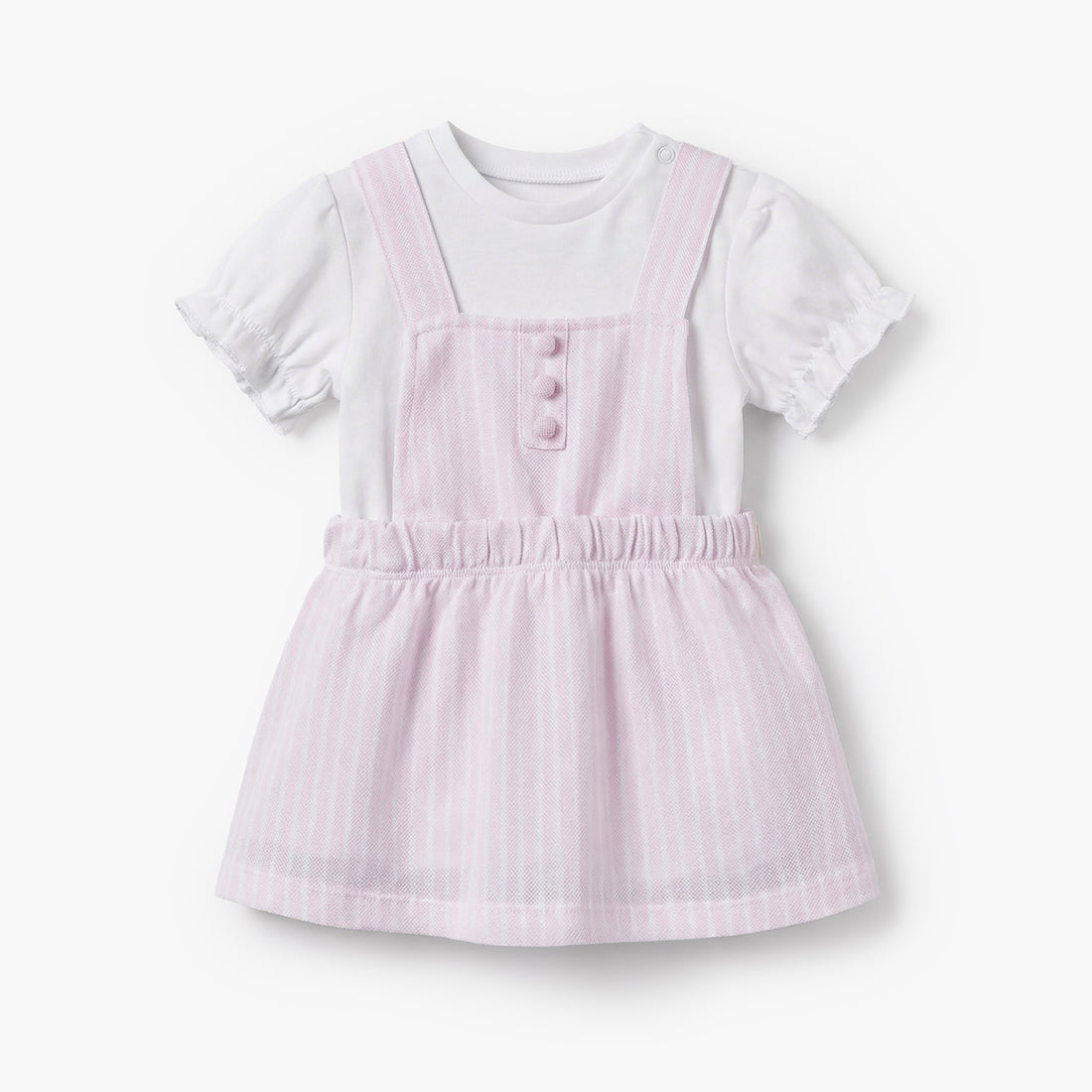 Juniors Round Neck Short Sleeves T-shirt and Pinafore Set with Stripes - Pink / 12-18 mths