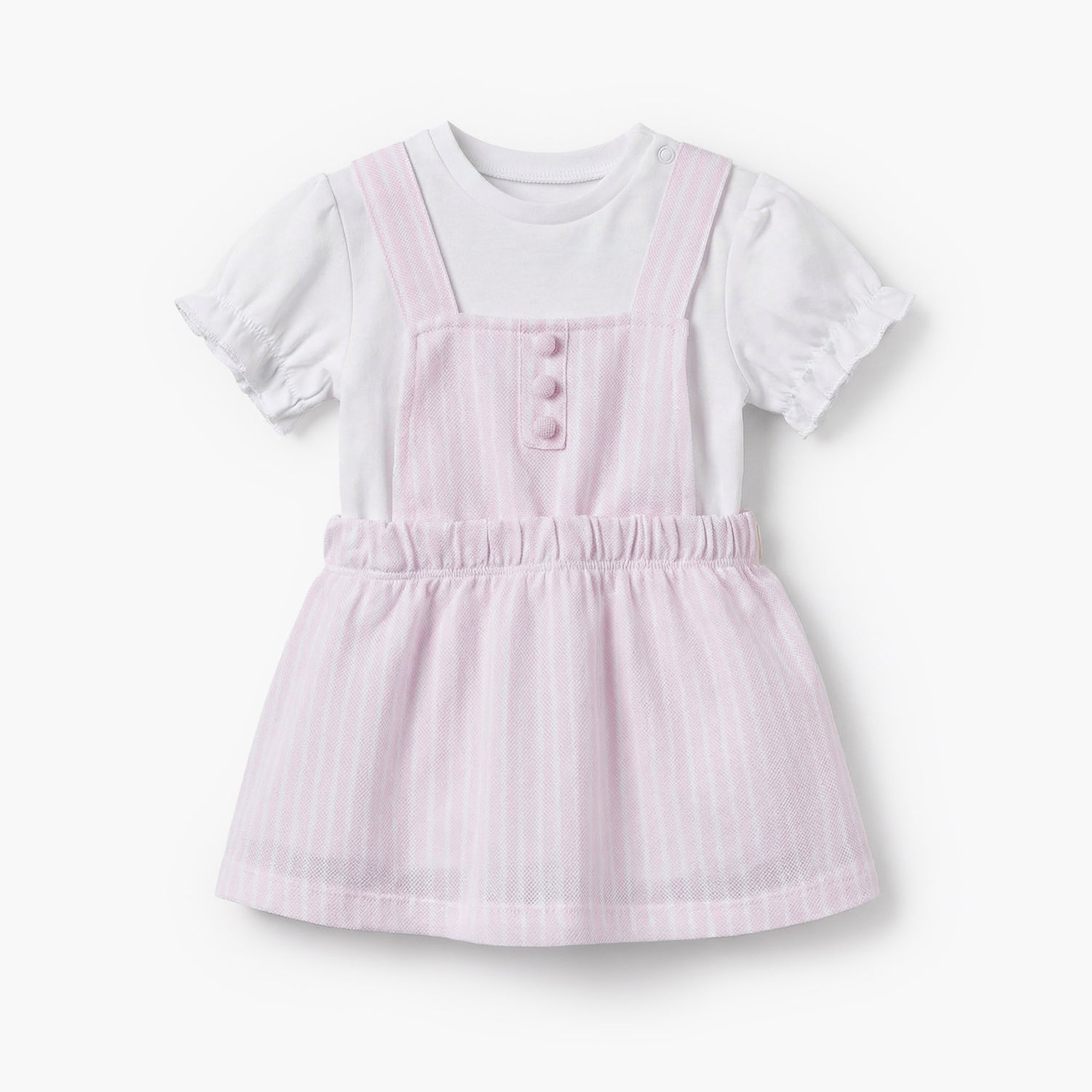 Juniors Round Neck Short Sleeves T-shirt and Pinafore Set with Stripes