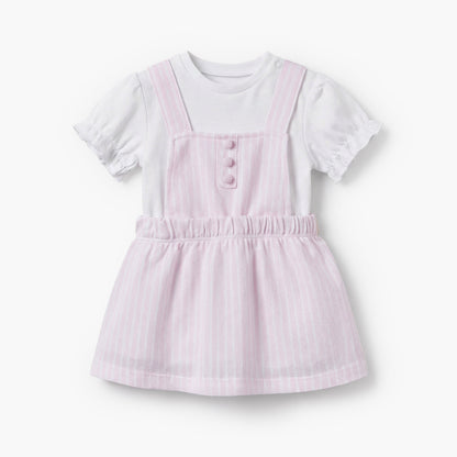 Juniors Round Neck Short Sleeves T-shirt and Pinafore Set with Stripes
