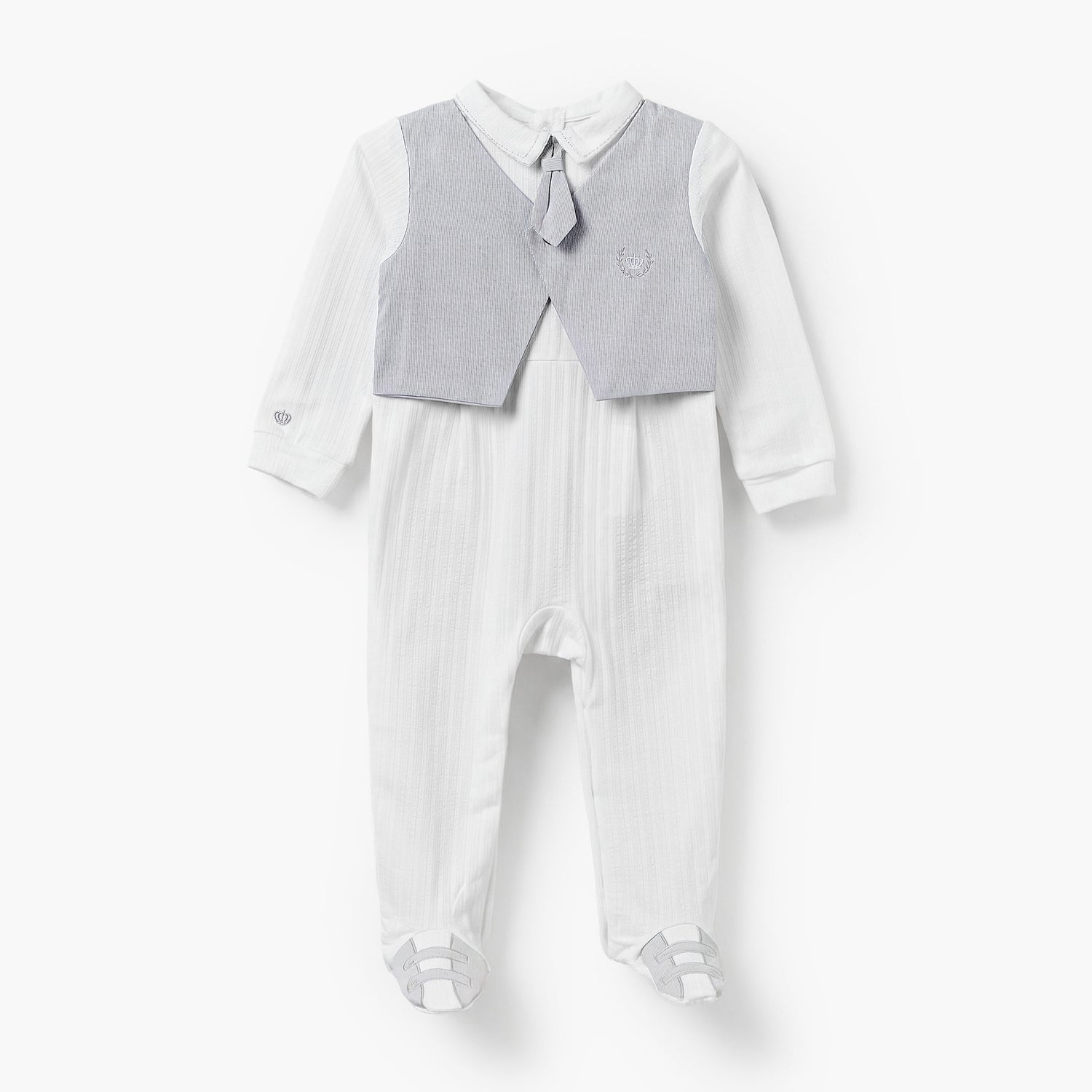 Giggles Cotton Collared Long Sleeves Sleepsuit with Attached Waistcoat - Grey / 9-12 mths