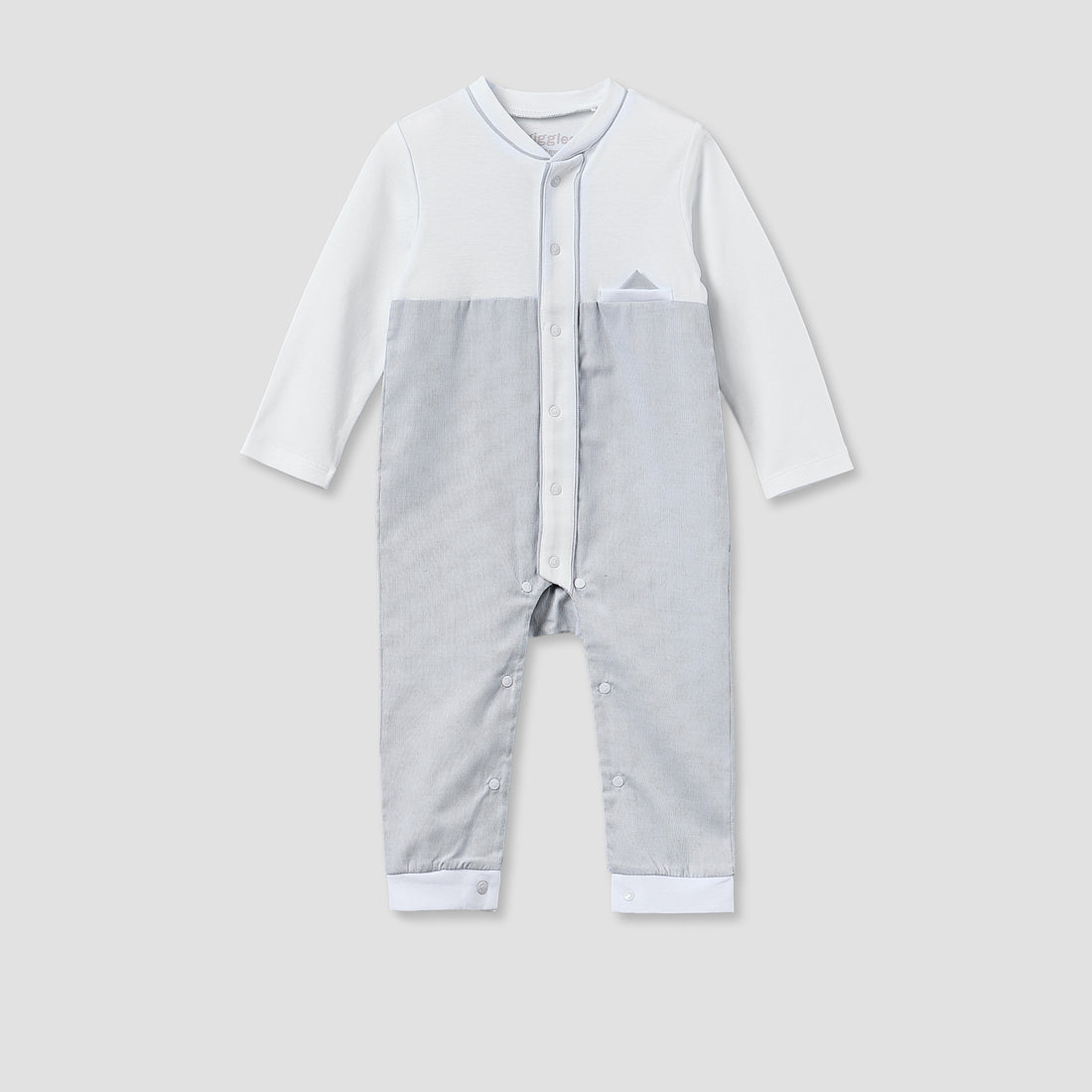 Giggles Cotton Mandarin Collar Long Sleeves Sleepsuit with Snap Button Closure - Grey / 12-18 mths