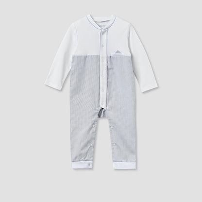 Giggles Cotton Mandarin Collar Long Sleeves Sleepsuit with Snap Button Closure - Grey / 12-18 mths
