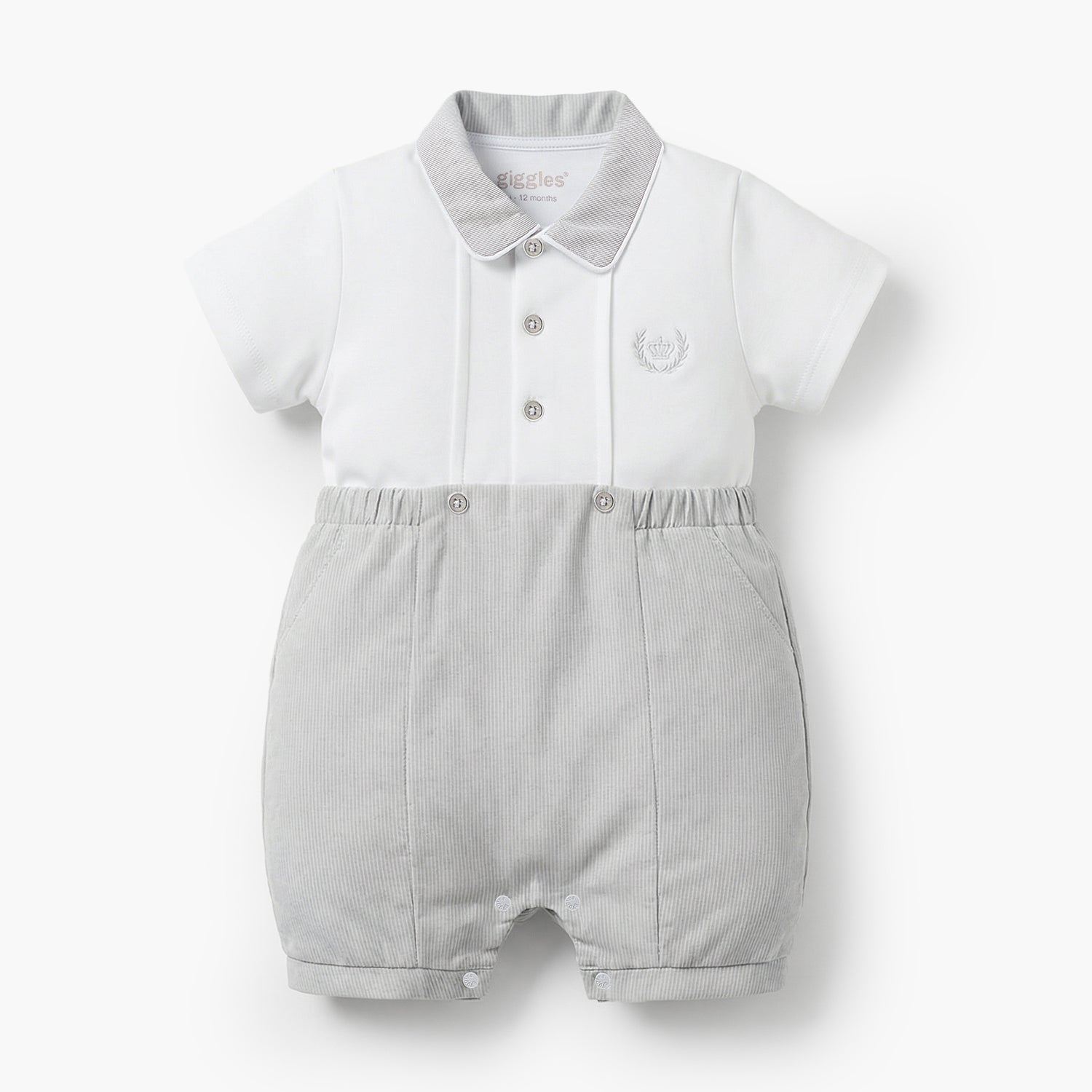 Giggles Collared Short Sleeves Romper with Embroidery Detail - Grey / 12-18 mths