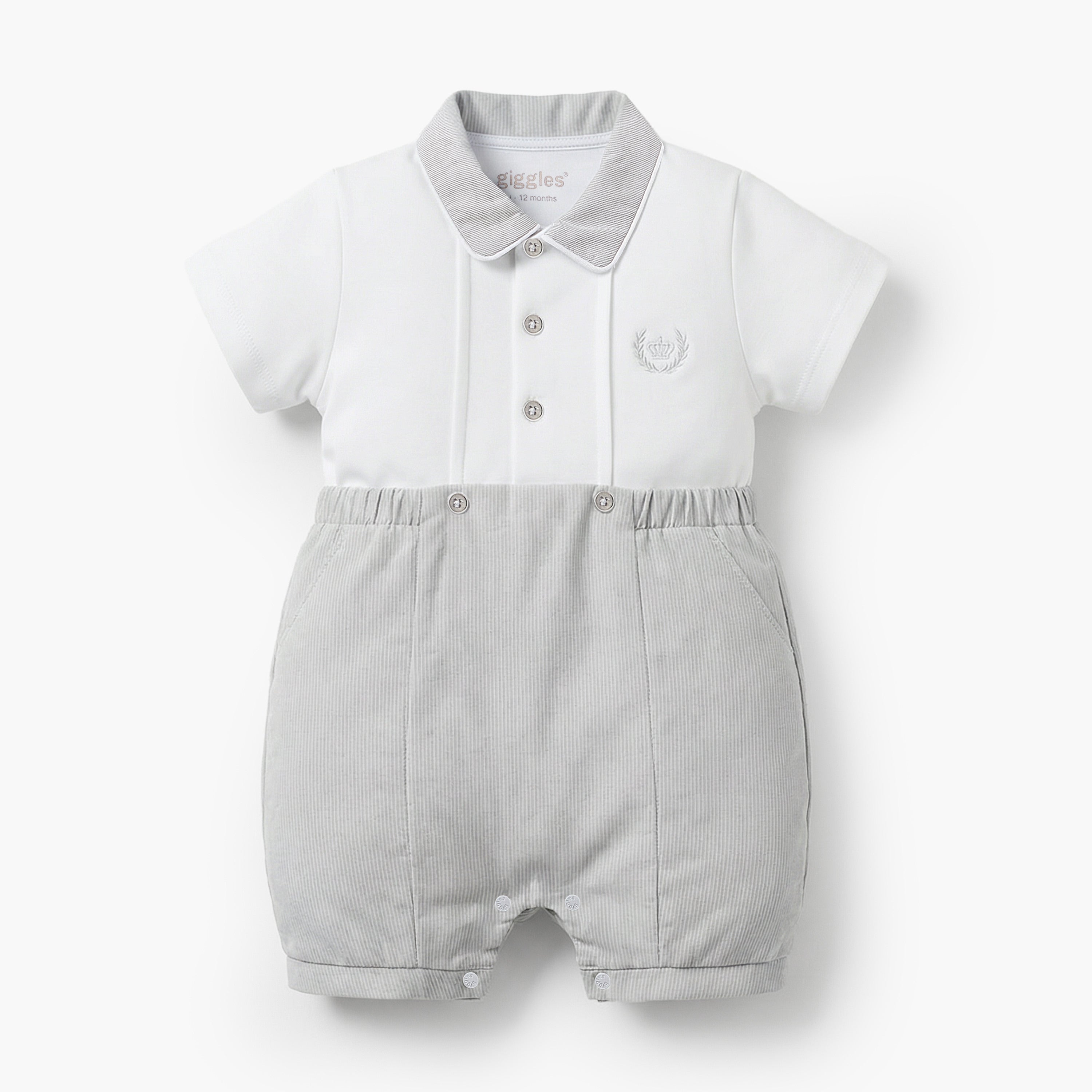 Giggles Collared Short Sleeves Romper with Embroidery Detail - Grey / 12-18 mths