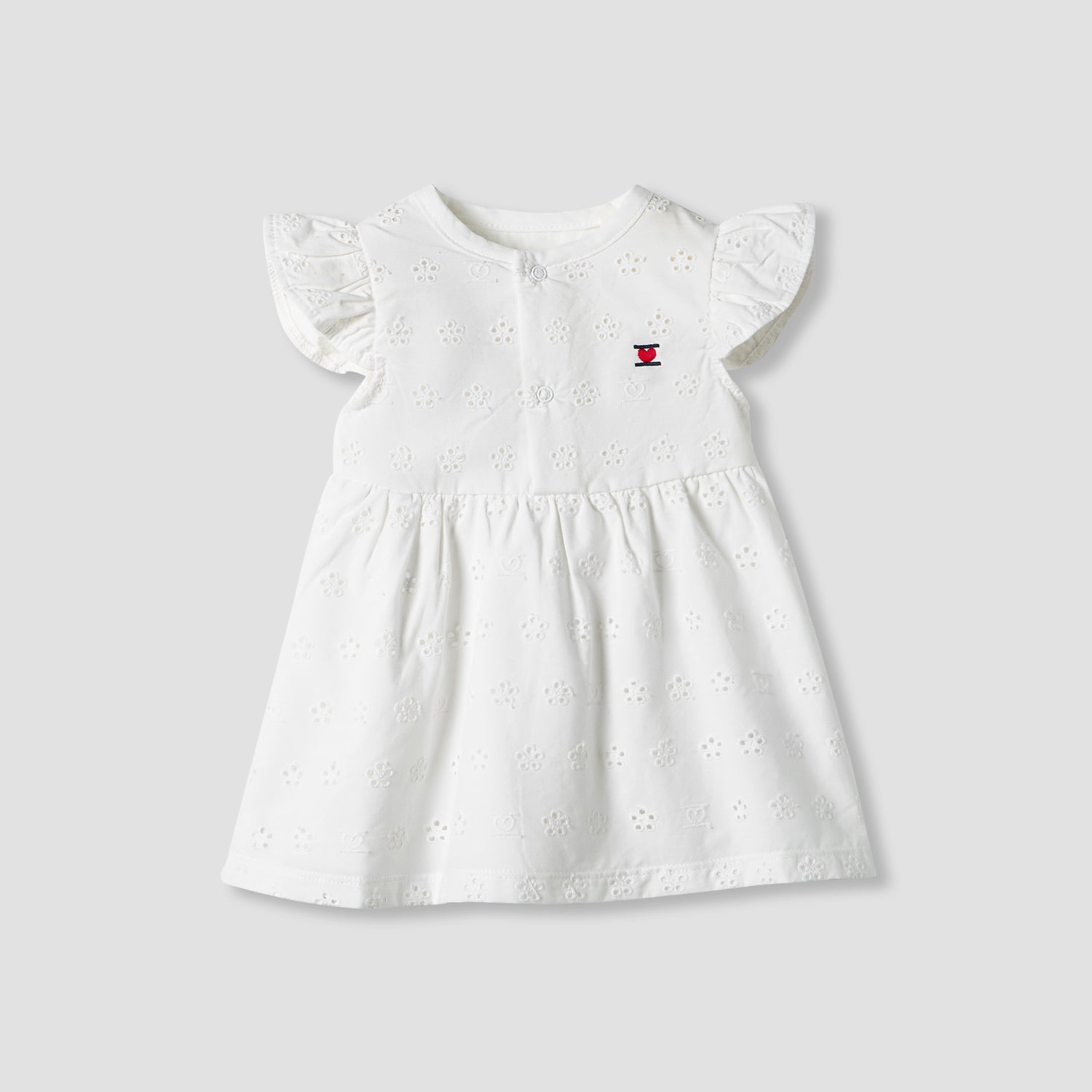 Juniors Girls Dress with Schiffli Texture - Cotton - Cap Sleeves - Round Neck - Knee Length - White / 12-18 mths