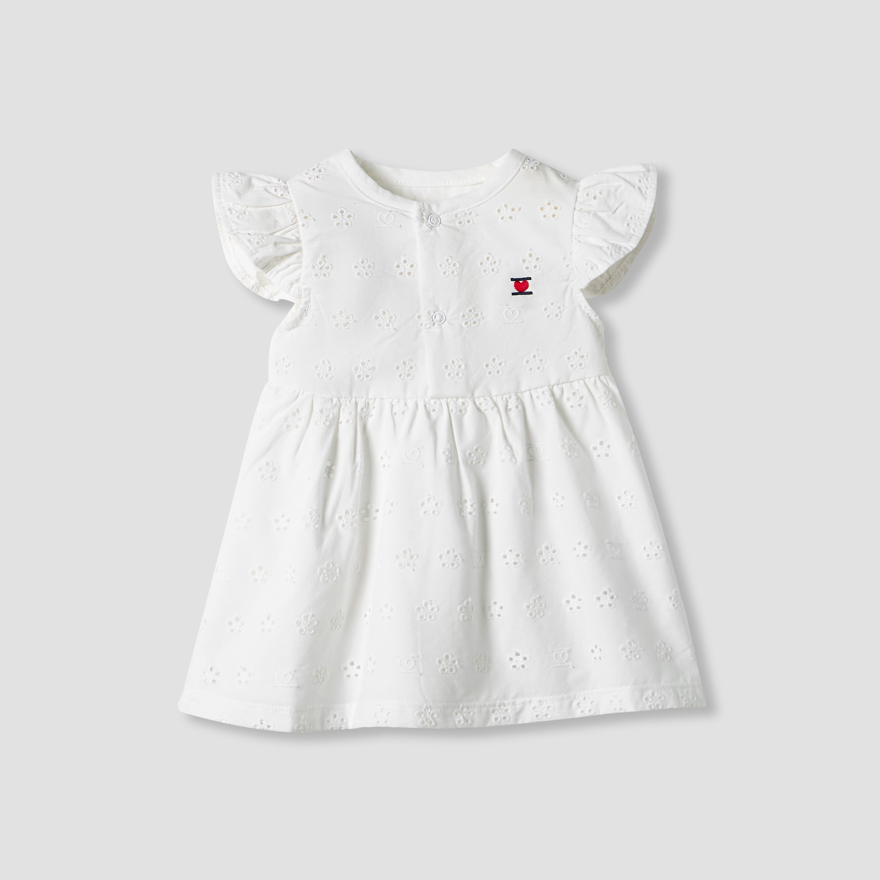 Juniors Girls Dress with Schiffli Texture - Cotton - Cap Sleeves - Round Neck - Knee Length - White / 12-18 mths