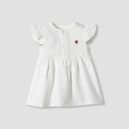 Juniors Girls Dress with Schiffli Texture - Cotton - Cap Sleeves - Round Neck - Knee Length - White / 12-18 mths