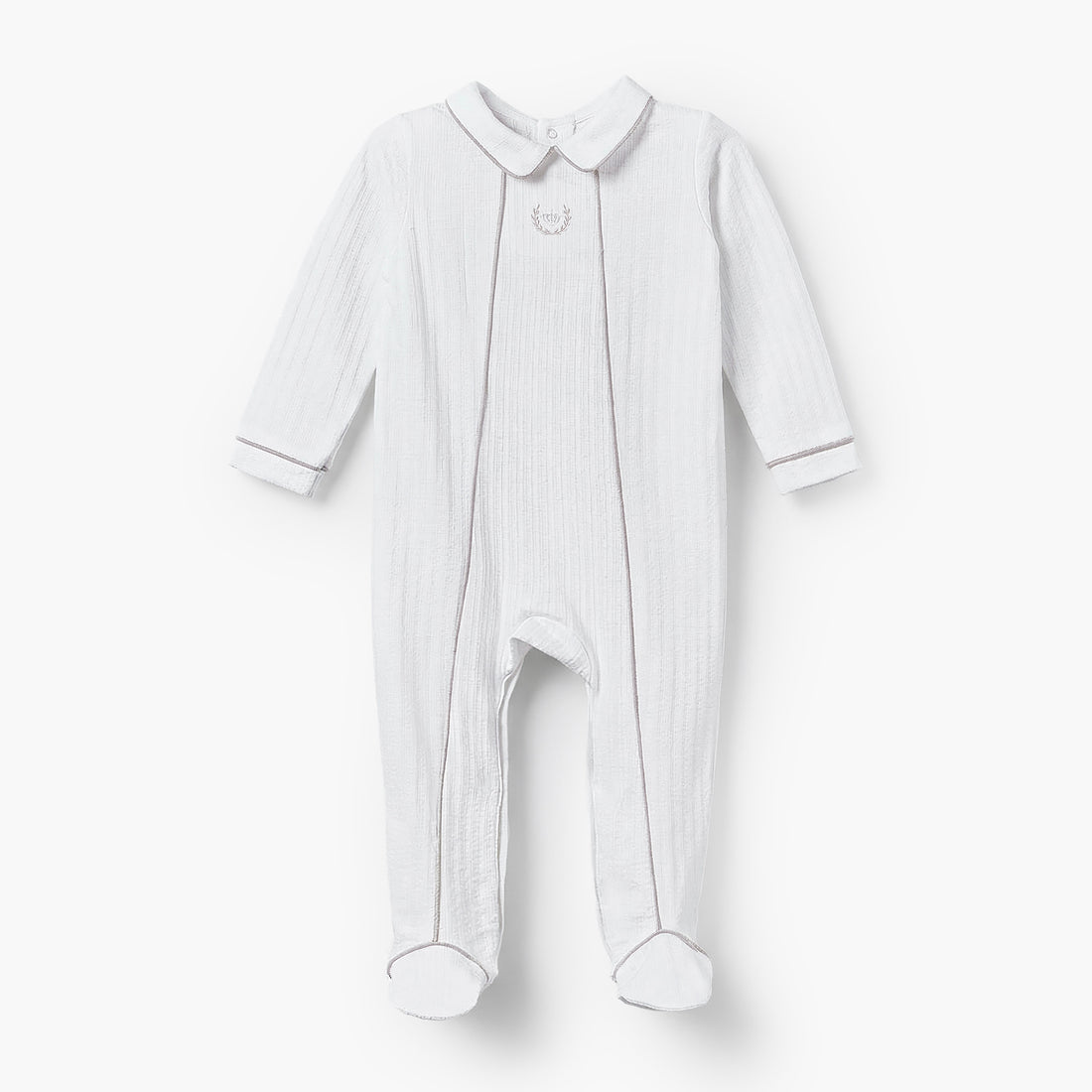 Giggles Cotton Collared Long Sleeves Sleepsuit with Textured Design - White / 9-12 mths