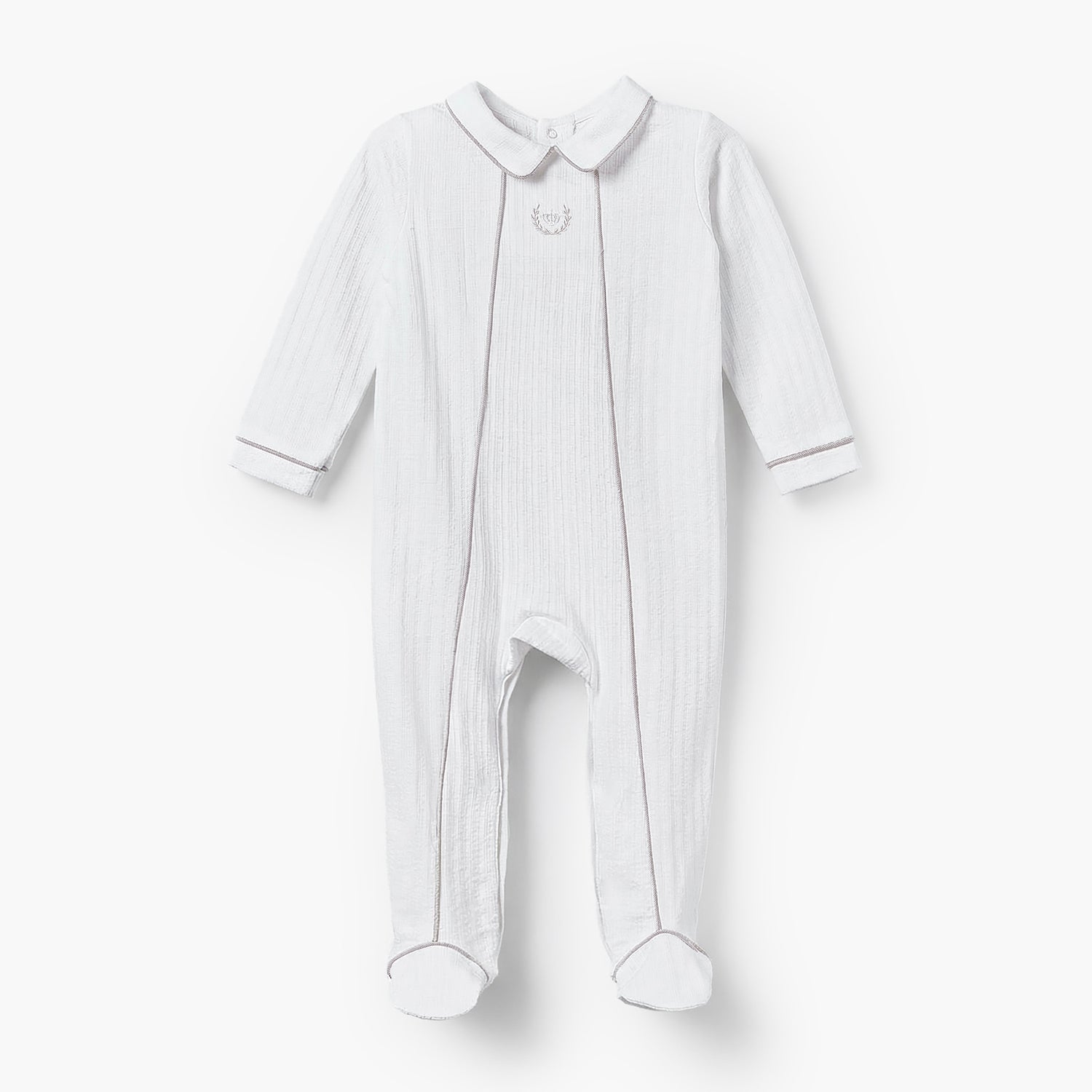 Giggles Cotton Collared Long Sleeves Sleepsuit with Textured Design - White / 9-12 mths