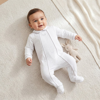 Giggles Cotton Collared Long Sleeves Sleepsuit with Textured Design - White / 9-12 mths