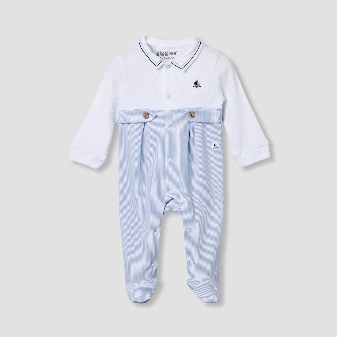 Giggles Striped Collared Sleepsuit with Long Sleeves - Blue / 9-12 mths