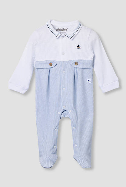 Giggles Striped Collared Sleepsuit with Long Sleeves