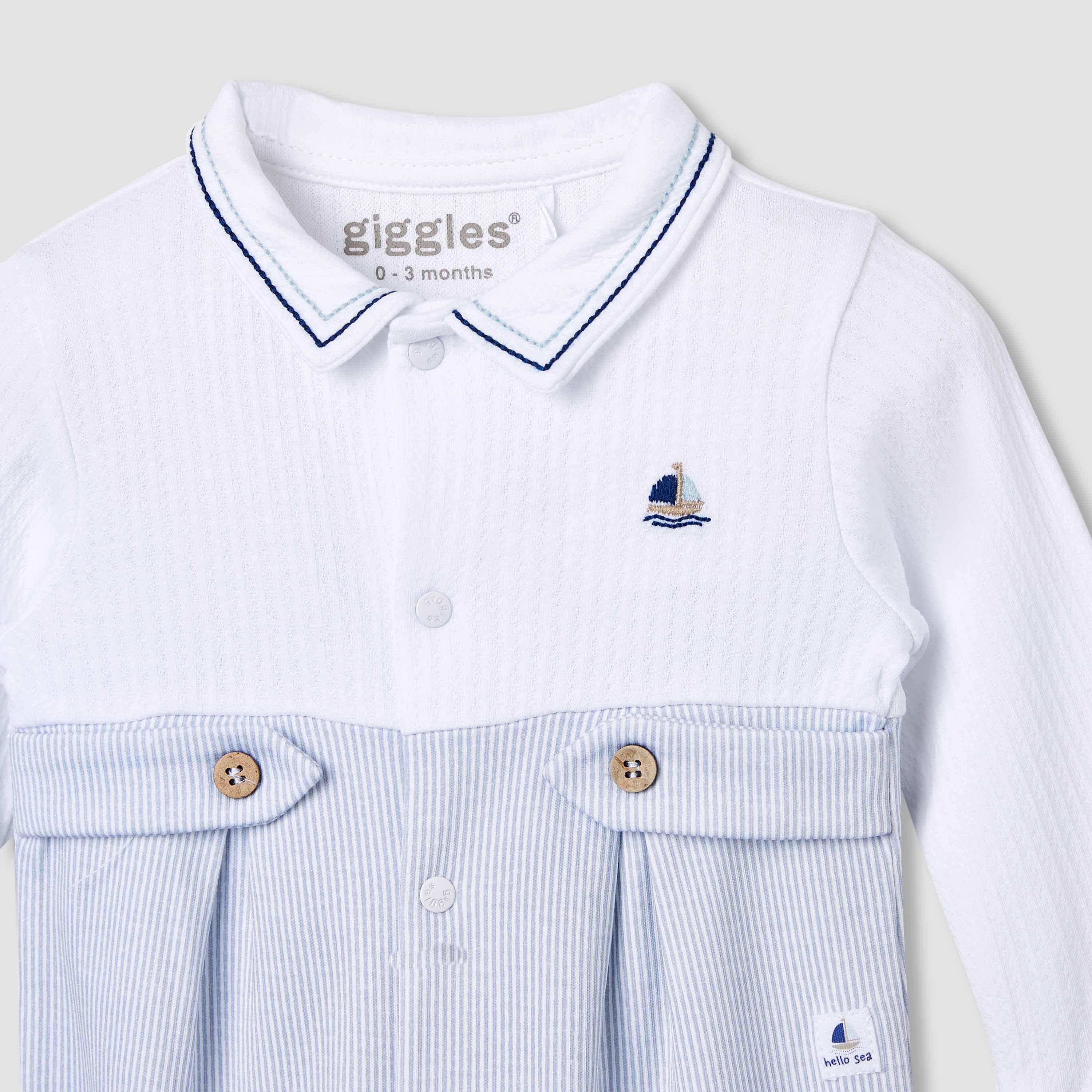 Giggles Striped Collared Sleepsuit with Long Sleeves