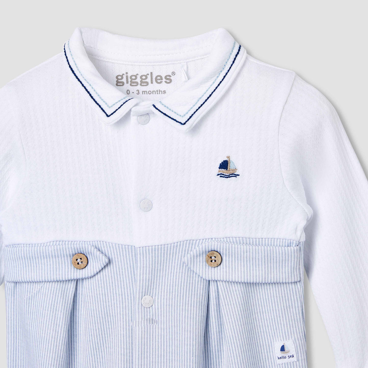 Giggles Striped Collared Sleepsuit with Long Sleeves