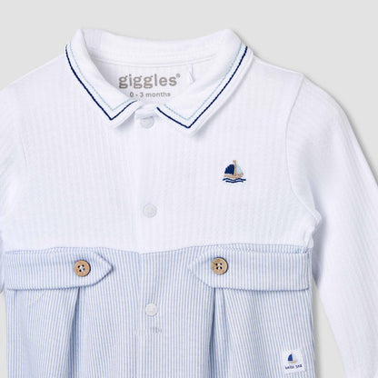 Giggles Striped Collared Sleepsuit with Long Sleeves
