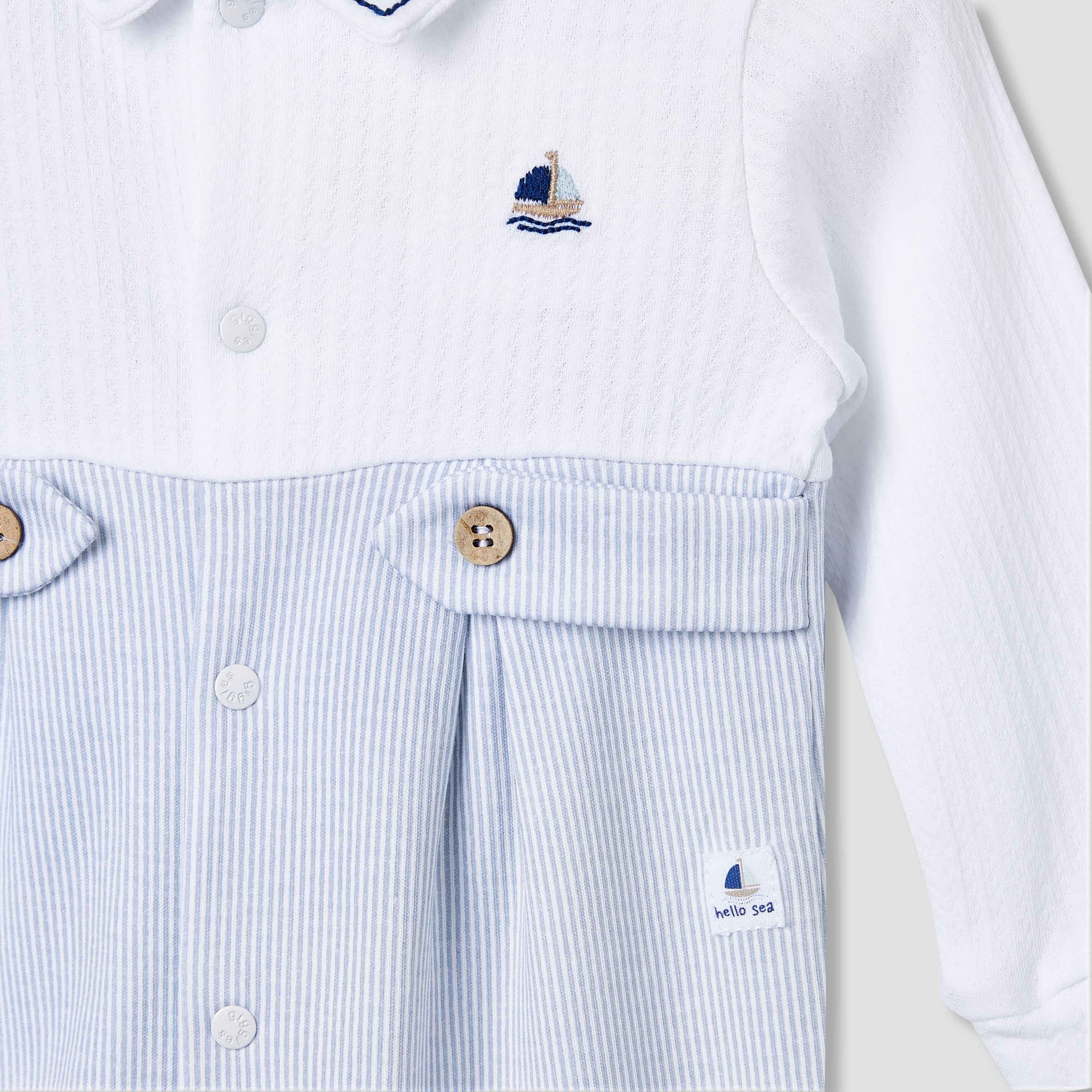 Giggles Striped Collared Sleepsuit with Long Sleeves