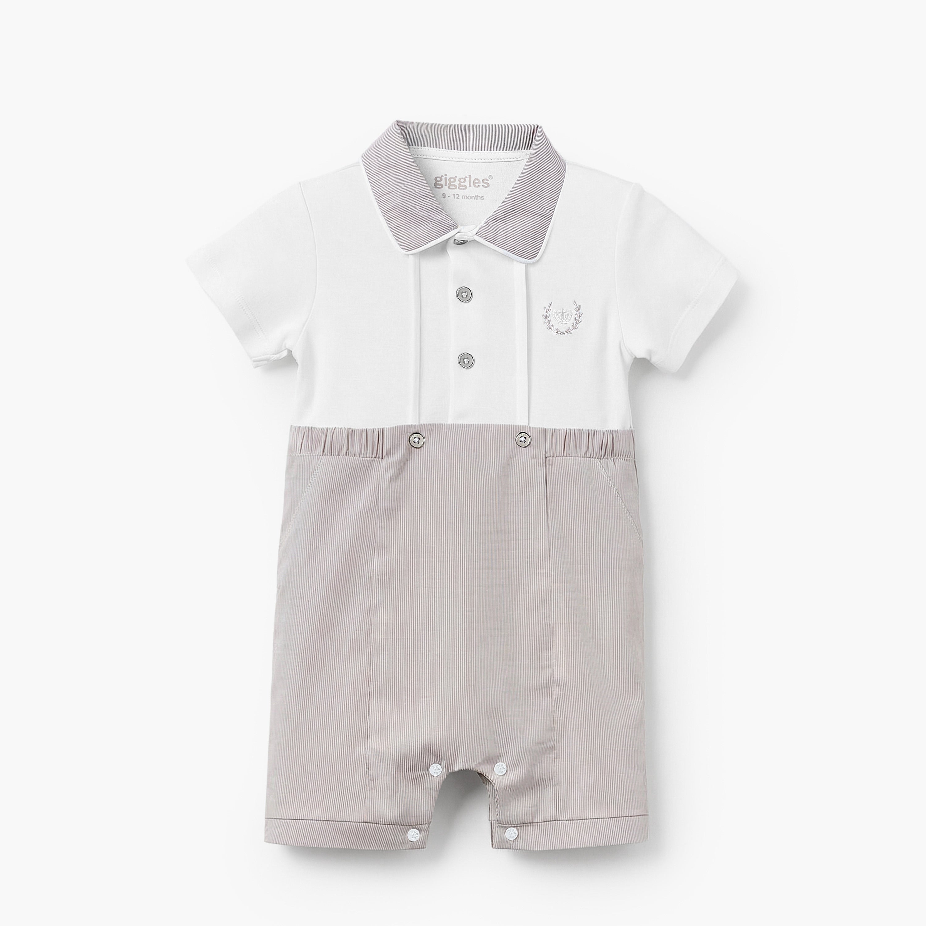 Giggles Collared Short Sleeves Romper with Stripes - Grey / 12-18 mths