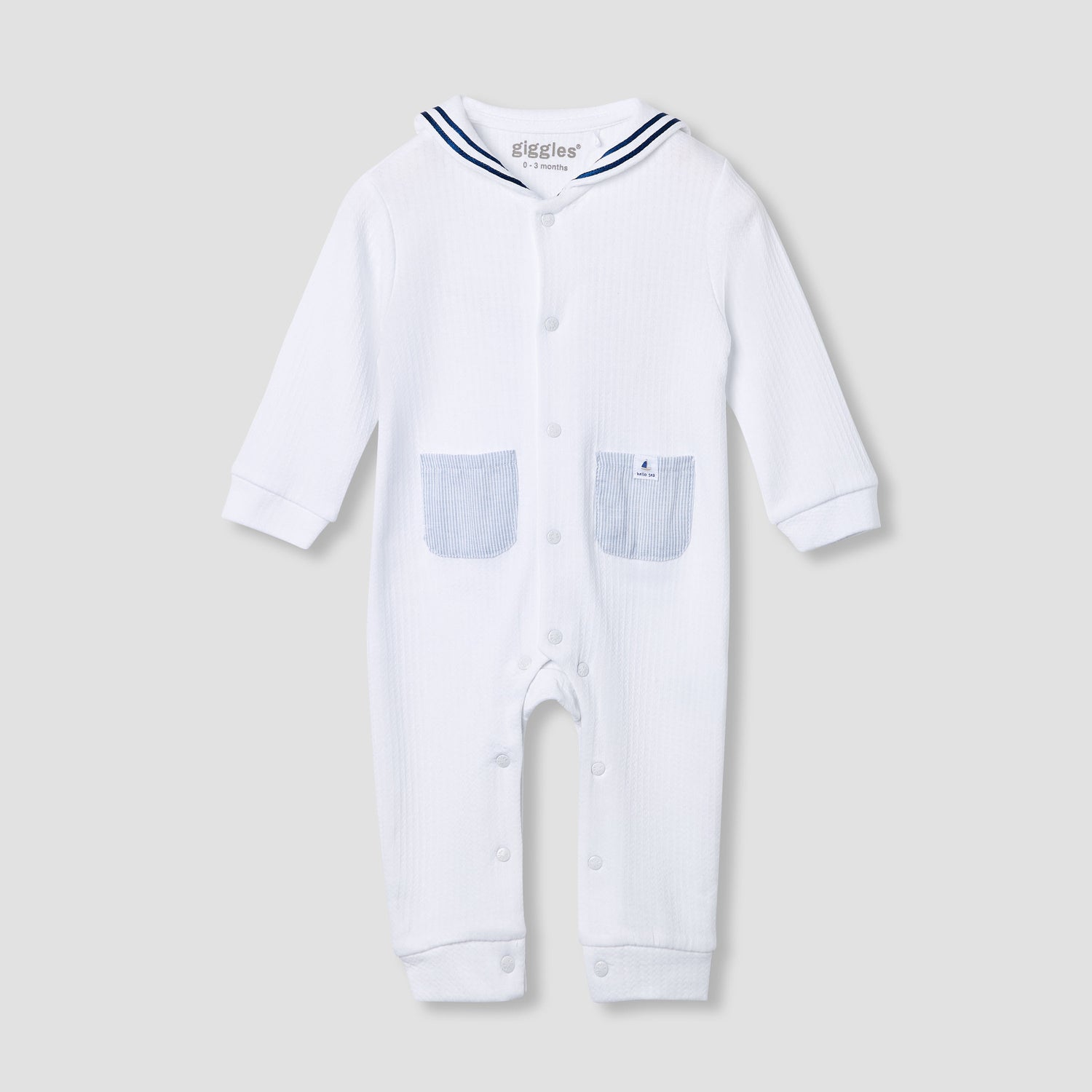 Giggles Ribbed Sailor Collar Sleepsuit with Long Sleeves - White / 12-18 mths
