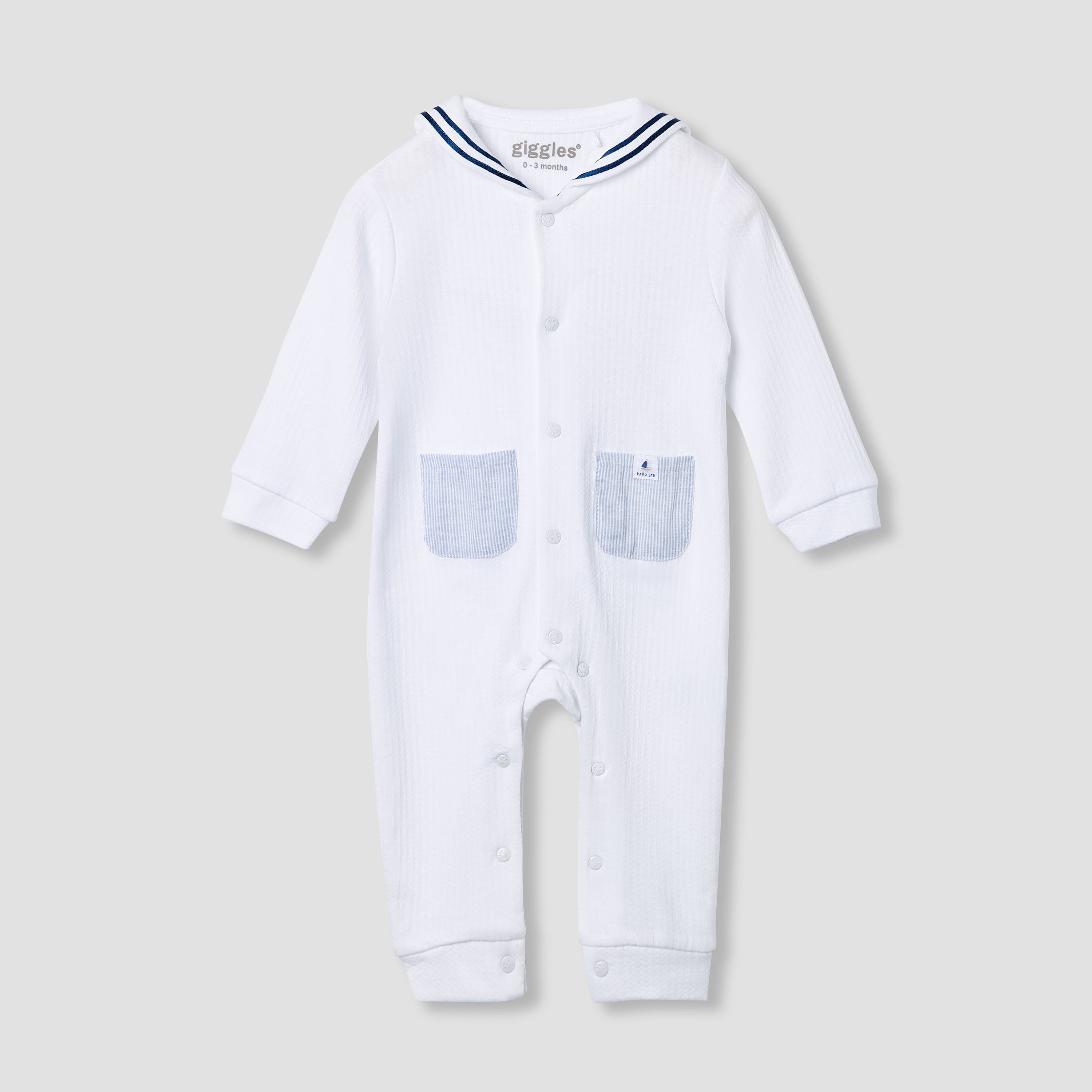Giggles Ribbed Sailor Collar Sleepsuit with Long Sleeves - White / 12-18 mths