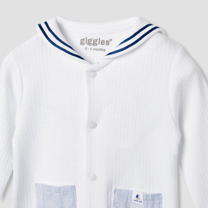 Giggles Ribbed Sailor Collar Sleepsuit with Long Sleeves
