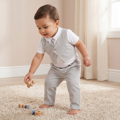 Giggles Cotton Collared Short Sleeves T-Shirt and Pants Set with Stripes - Grey / 12-18 mths