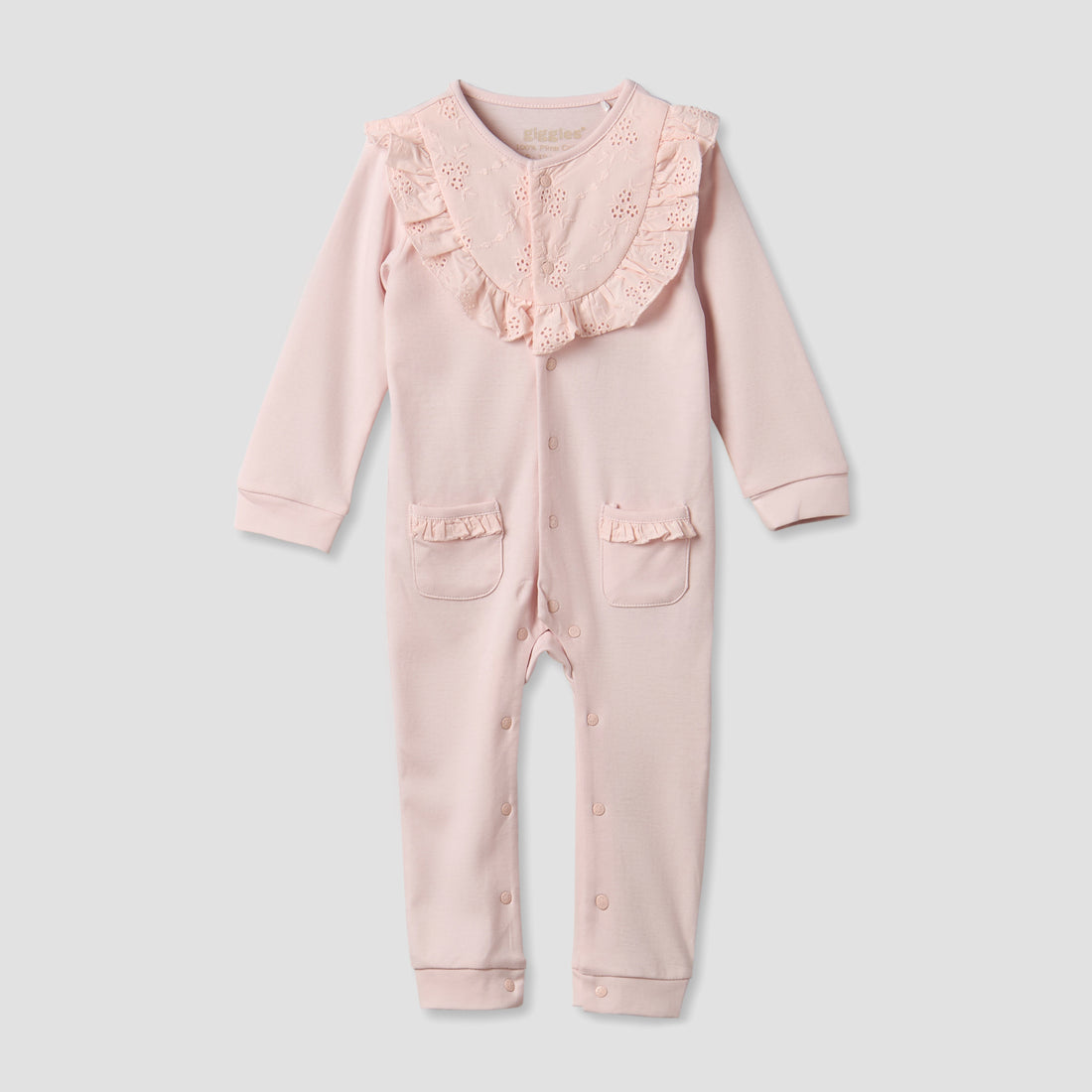 Giggles Cotton Round Neck Long Sleeves Sleepsuit with Embroidered Ruffles