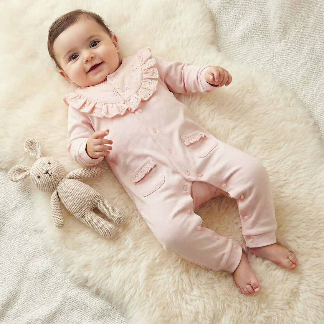 Giggles Cotton Round Neck Long Sleeves Sleepsuit with Embroidered Ruffles - Pink / 12-18 mths