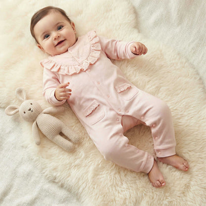 Giggles Cotton Round Neck Long Sleeves Sleepsuit with Embroidered Ruffles - Pink / 12-18 mths
