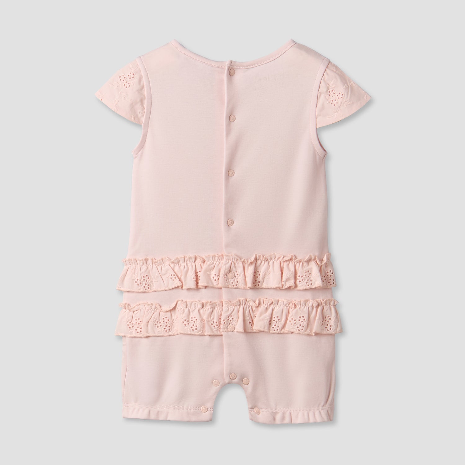 Giggles Round Neck Short Sleeves Romper with Embroidered Ruffles