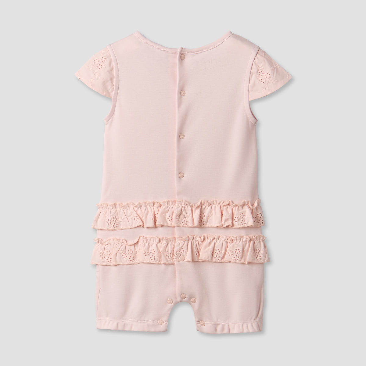 Giggles Round Neck Short Sleeves Romper with Embroidered Ruffles