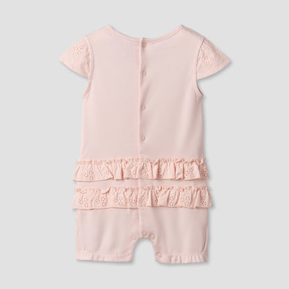 Giggles Round Neck Short Sleeves Romper with Embroidered Ruffles