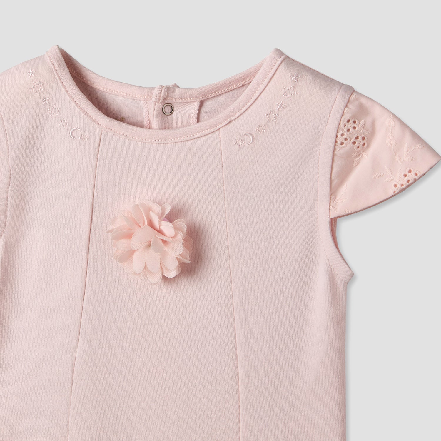 Giggles Round Neck Short Sleeves Romper with Embroidered Ruffles