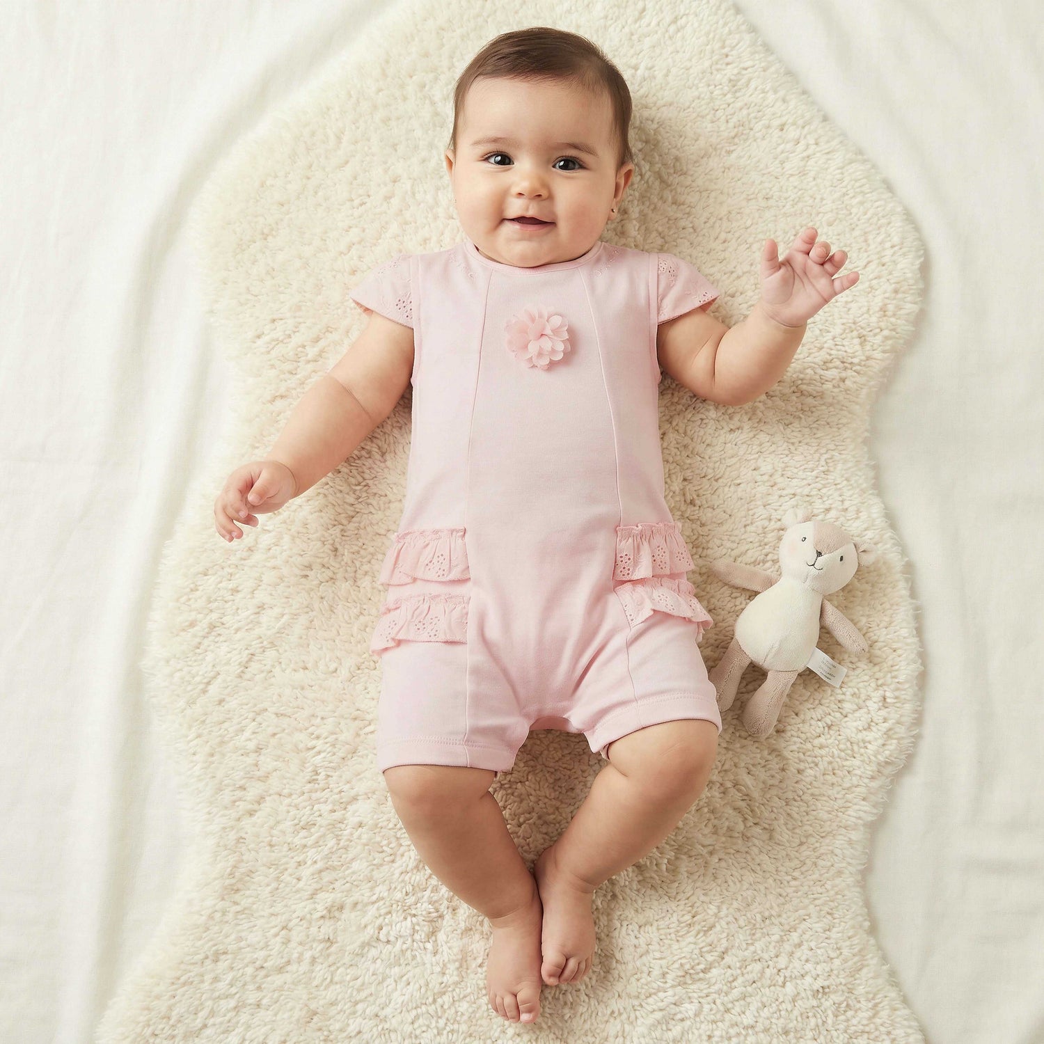 Giggles Round Neck Short Sleeves Romper with Embroidered Ruffles