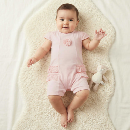 Giggles Round Neck Short Sleeves Romper with Embroidered Ruffles