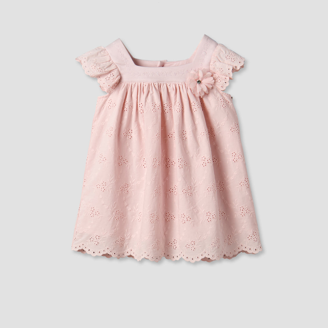 Giggles Square Neck Short Sleeve Dress with Embroidery