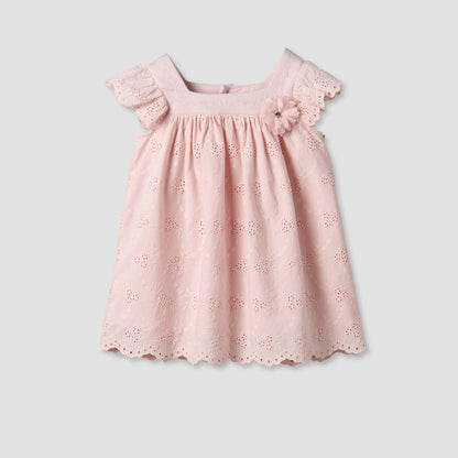 Giggles Square Neck Short Sleeve Dress with Embroidery